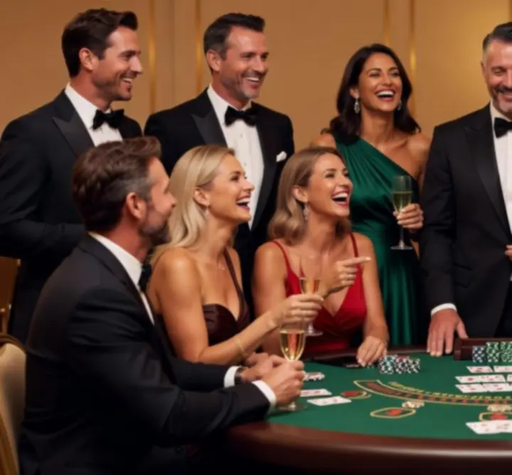 Grupa gości bawiących się przy eleganckim stole blackjacka podczas eventu