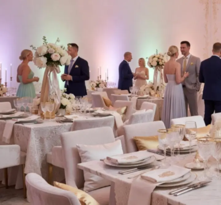 Stylowe oświetlenie i dekoracje tworzące elegancki klimat wydarzenia rozrywkowego.