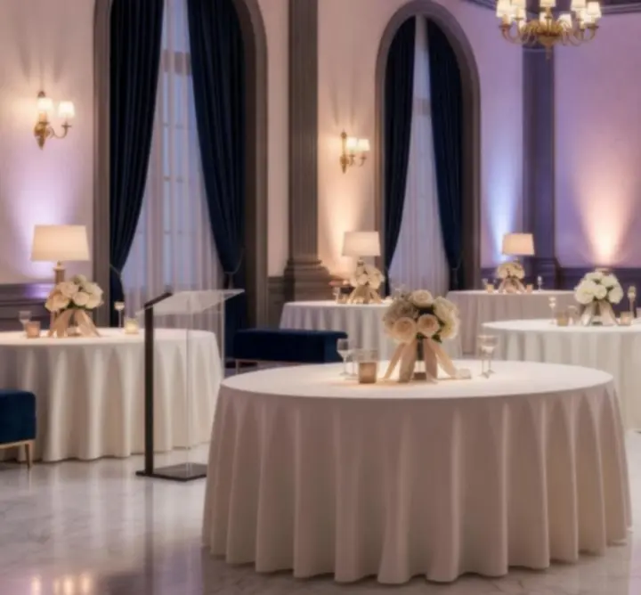 Eleganckie stoły eventowe przygotowane na wieczór rozrywkowy z kartami i żetonami.