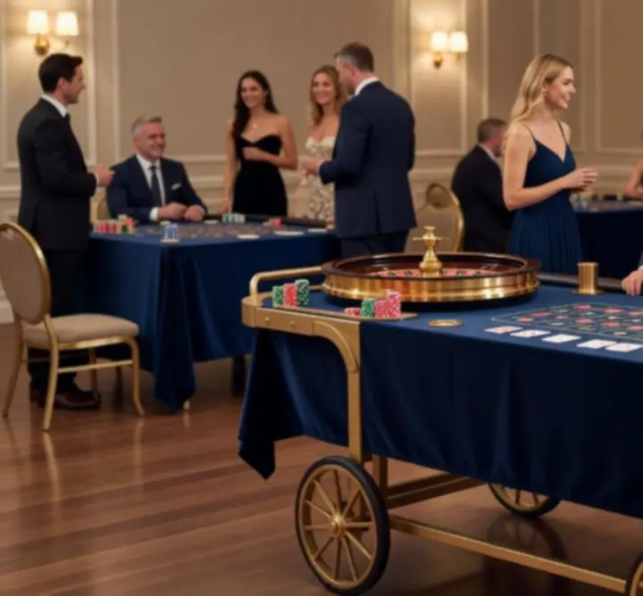 Elegancka aranżacja stołu eventowego z kartami i żetonami jako elementami dekoracji