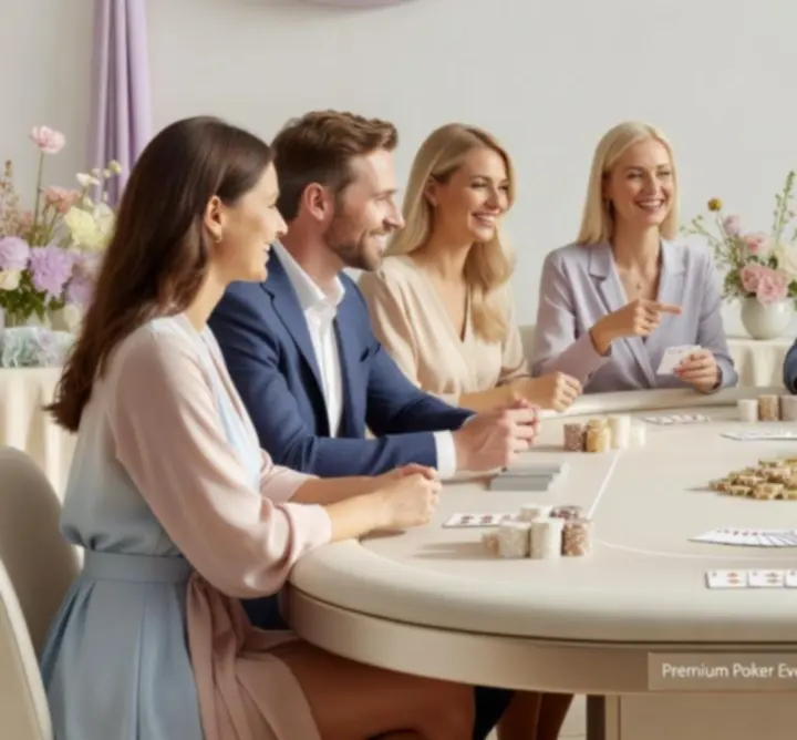Mobilny stół pokerowy z żetonami i kartami podczas eleganckiego wydarzenia integracyjnego.
