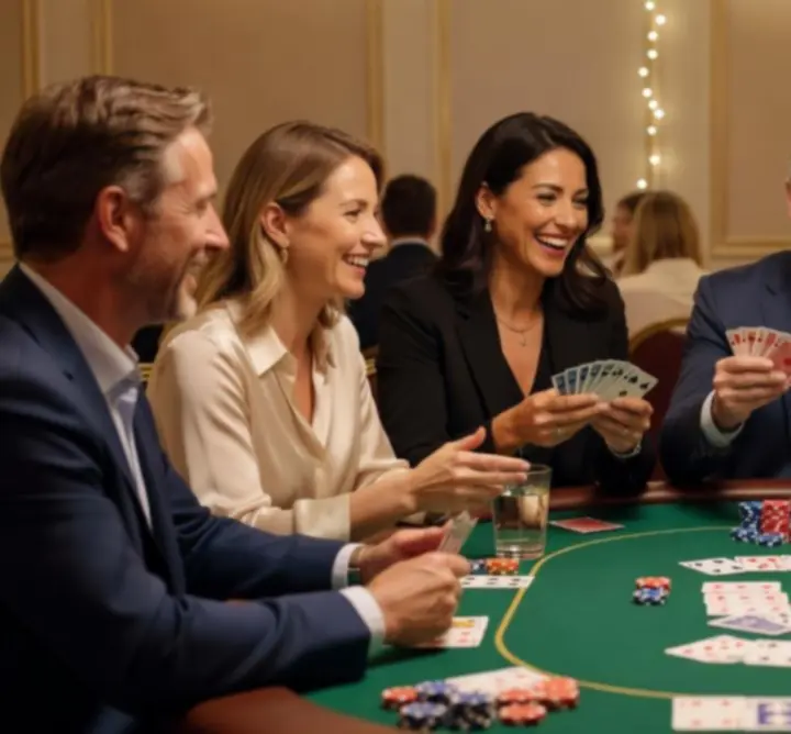 Grupa zadowolonych uczestników przy stole pokerowym podczas eventu