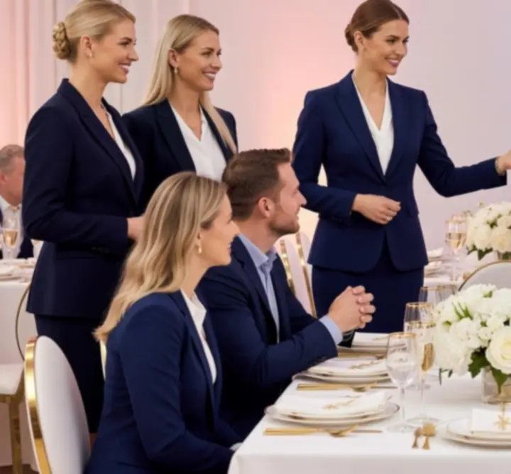 Zespół prowadzących przy eleganckim stole eventowym podczas mobilnego wydarzenia rozrywkowego