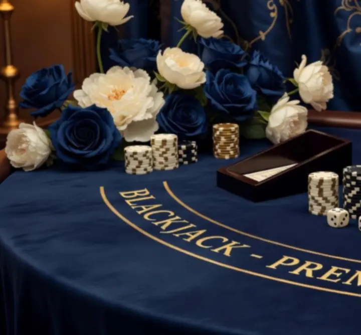 Dekoracje w stylu eleganckiego kasyna z tematycznym oświetleniem i detalami stołów.